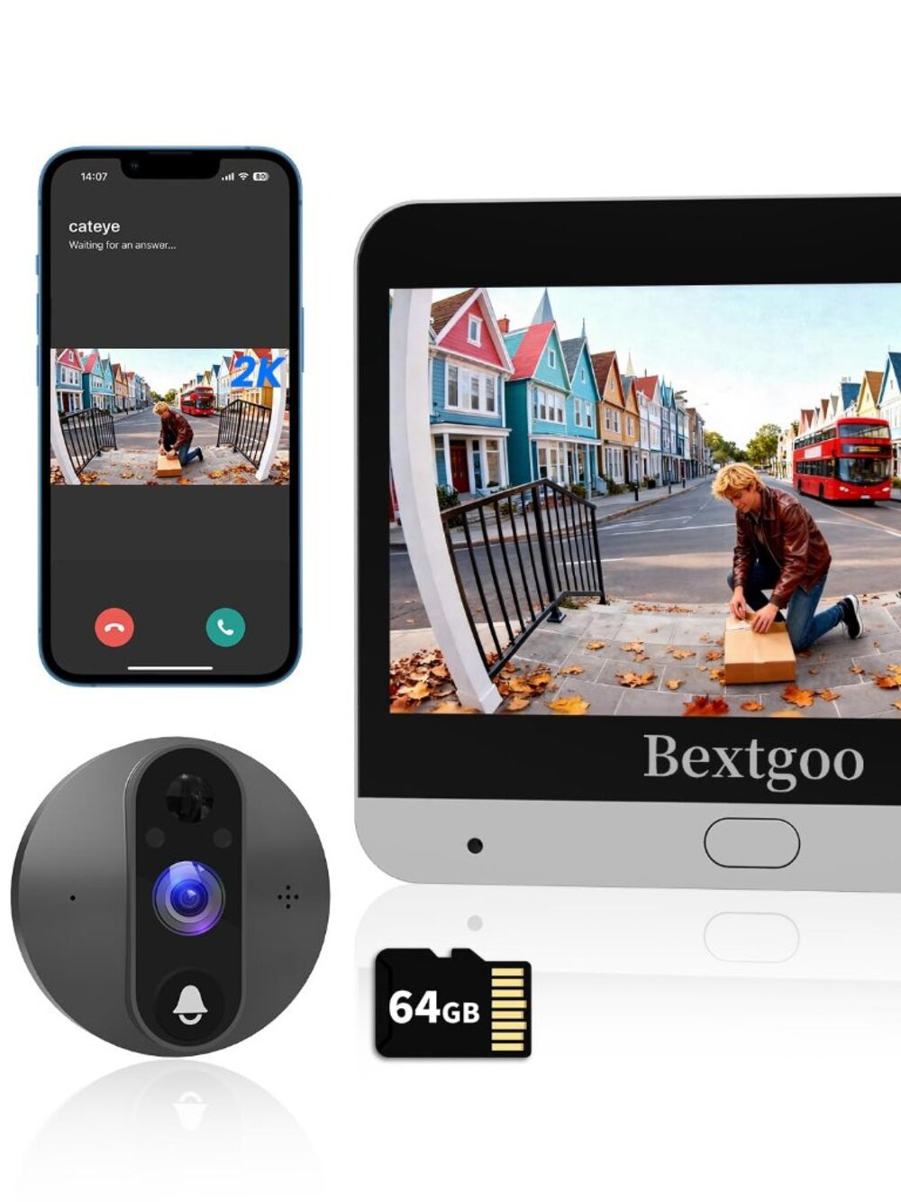 Bextgoo 2K Peephole Doorbell Camera Smart Monitor Night Vision 64GB